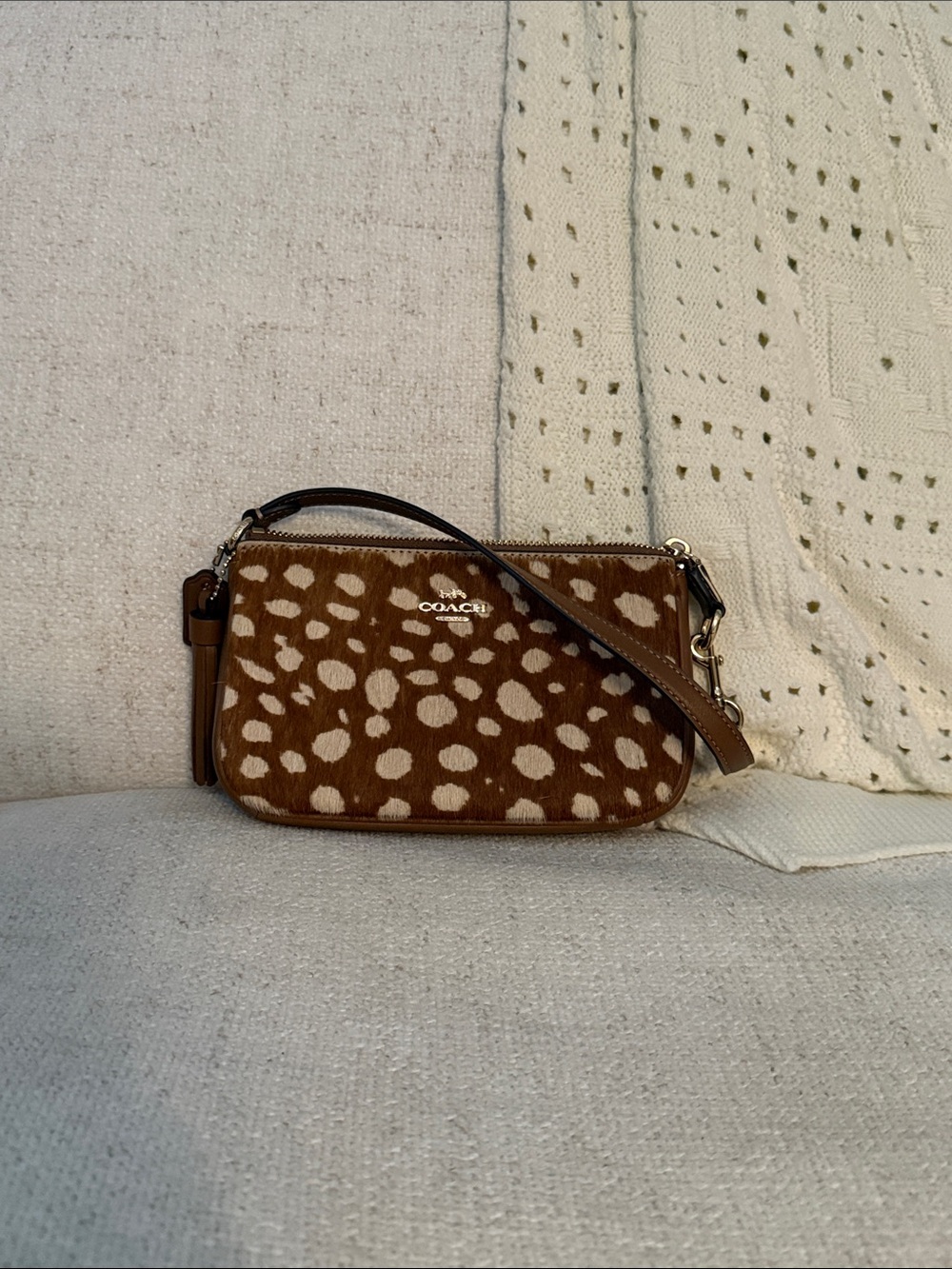 Coach Brown and Cream Spotted Crossbody Wristlet
